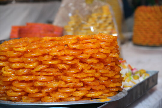 Indian traditional sweet Jalebi in road side shop for sale