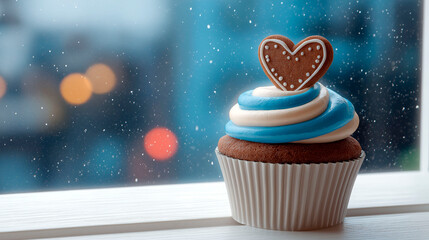 Chocolate cupcake with blue and white frosting topped with a heart-shaped gingerbread cookie on a snowy windowsill