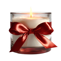 Glass Candle with Red Ribbon Bow and Burning Flame Isolated on Transparent Background