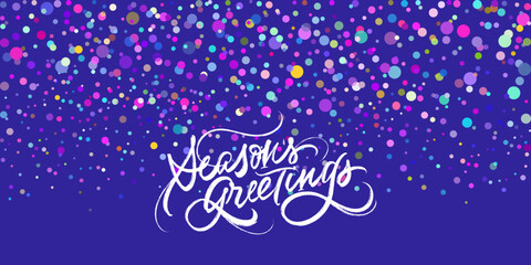Season’s Greetings background with colorful confetti on bright blue. Perfect for Christmas and New Year banners, holiday cards, and winter celebration designs.