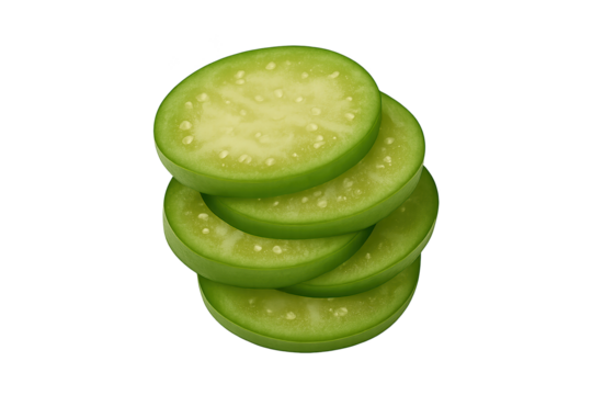 Thin green cucumber slices stacked neatly in stack