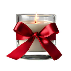 Glass Candle with Red Ribbon Bow and Burning Flame Isolated on Transparent Background