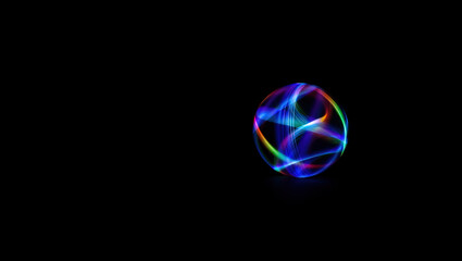 A glowing sphere filled with intertwining glowing lines of various colors is positioned in the center of a dark background.