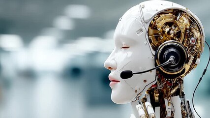 AI assistant with headset: An AI assistant with a headset. Its robotic face expresses quiet contemplation and attention