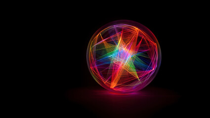 A glowing sphere filled with intertwining glowing lines of various colors is positioned in the center of a dark background.