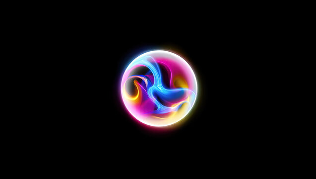 A glowing sphere filled with intertwining glowing lines of various colors is positioned in the center of a dark background.