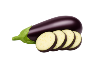 Fresh purple eggplant with sliced cross-sections arranged