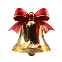 Golden Christmas Bell with Red Ribbon Bow Isolated on Transparent Background