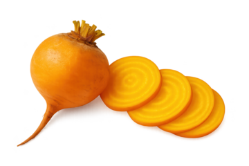 Whole yellow onion with several round slices fanned beside it, on transparent background