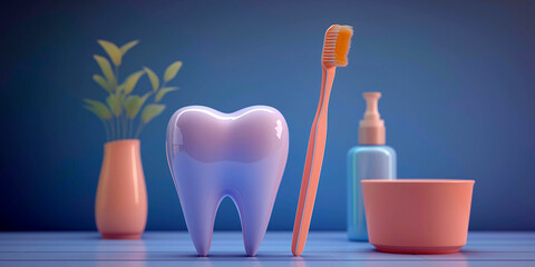 Glossy tooth model with orange toothbrush and dental hygiene accessories on a clean blue background
