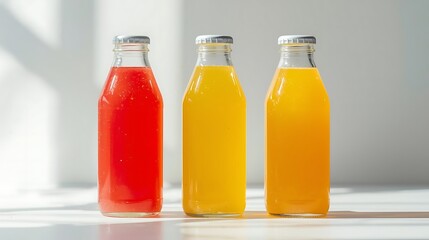 Three glass bottles filled with colorful fruit juices in natural light