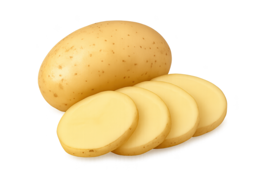 Whole potato with several round slices exposed, showing pale yellow flesh