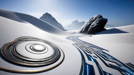 A surreal landscape featuring a winding path resembling a circuit board with glowing blue lines, set against a backdrop of snow-covered dunes, rocks, and mounta