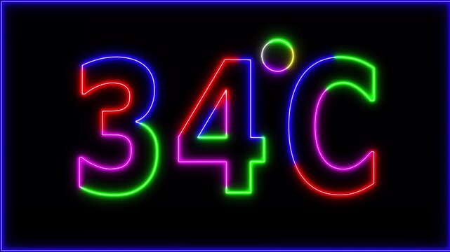 Neon 34&deg;C temperature display showing on black background. Weather temperature displays by degree, climate change, Scientific designs.