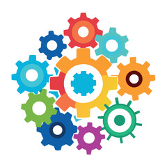 Bright colorful gear icons interconnected, flat vector style, playful mechanical concept on a white background