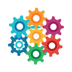 Bright colorful gear icons interconnected, flat vector style, playful mechanical concept on a white background