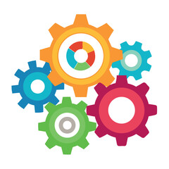 Bright colorful gear icons interconnected, flat vector style, playful mechanical concept on a white background