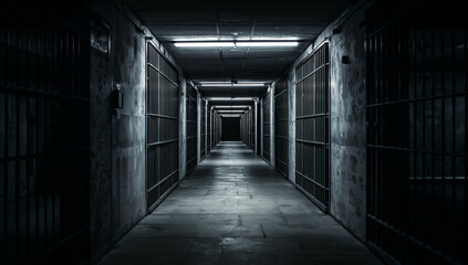 Eerie Jail Corridor: Dimly Lit and Mysterious Atmosphere