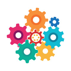 Bright colorful gear icons interconnected, flat vector style, playful mechanical concept on a white background