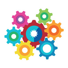Bright colorful gear icons interconnected, flat vector style, playful mechanical concept on a white background