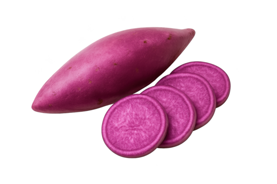 Purple sweet potato, whole and sliced, with vibrant pink flesh and smooth skin