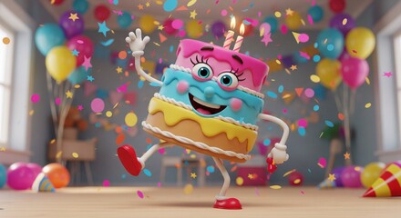Playful Birthday Cake Character Dancing with Confetti