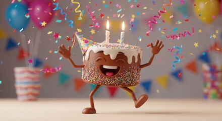 Festive Cartoon Birthday Cake Doing a Party Dance