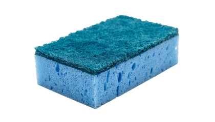 A blue rectangular sponge with a green abrasive pad on top, oriented diagonally, casting a shadow to the right on white