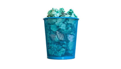 Blue mesh trash can filled with crumpled teal and blue paper scraps, isolated on a white background, png with transparency