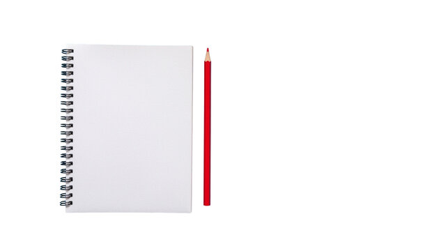 Spiral bound notebook with blank white pages and a red pencil laying next to it, all on a white background. cutout - Powered by Adobe
