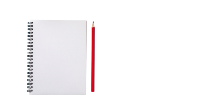Spiral bound notebook with blank white pages and a red pencil laying next to it, all on a white background. cutout