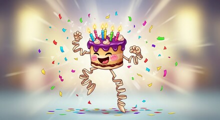 Cute Party Cake Mascot Illustration in Celebration Dance