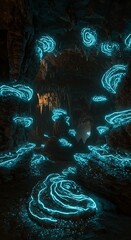Mysterious glowing formations in dark cave environment with blue illumination