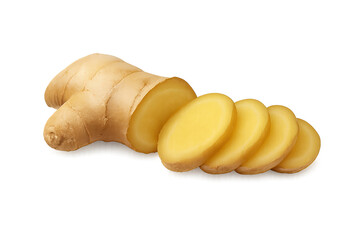 Fresh ginger root with sliced rounds arranged beside it