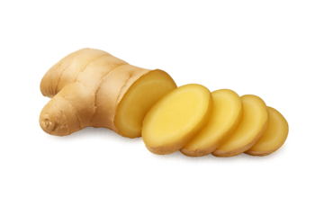 Fresh ginger root with sliced rounds arranged beside it