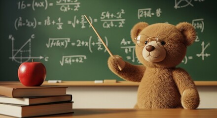 Professor Teddy Bear Teaching Math on Chalkboard with Books and Apple