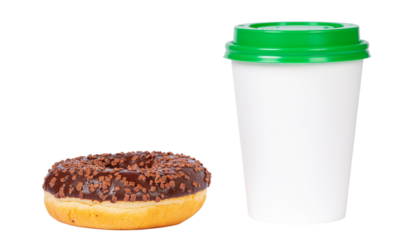 A chocolate frosted donut with sprinkles and a white paper cup with a green lid, side by side on a white background. high-key lighting