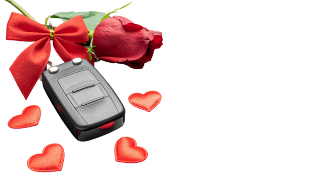 Rose with a red bow, car key, and small red hearts scattered around, suggesting a gift or romantic gesture on white - Powered by Adobe