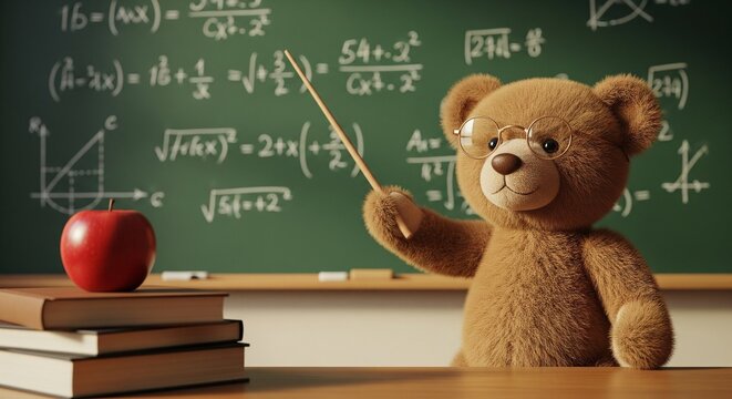 Professor Teddy Bear Teaching Math on Chalkboard with Books and Apple