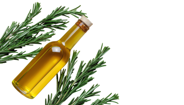 A tilted glass bottle filled with yellow liquid, cork stopper, surrounded by rosemary sprigs, angled view. pure white background