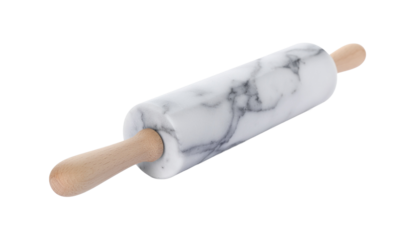 A marble rolling pin with wooden handles, showing a cylindrical shape and gray veining pattern on the marble surface. clean white background