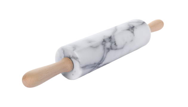 A marble rolling pin with wooden handles, showing a cylindrical shape and gray veining pattern on the marble surface. clean white background