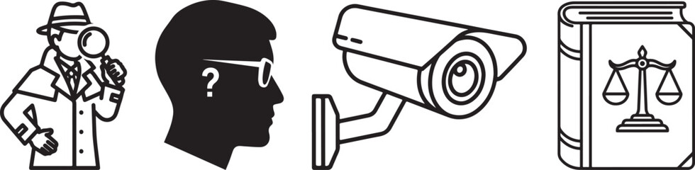 Black and White Vector Icons of Justice, Investigation, Surveillance, and Thought