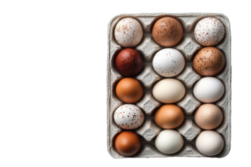 Assortment of fresh farm eggs in a carton isolated on transparent background. Egg tray containing brown and speckled eggs isolated on white background.