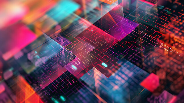 Abstract Geometric Composition With Interlocking Triangles, Squares, and Glitch Effects