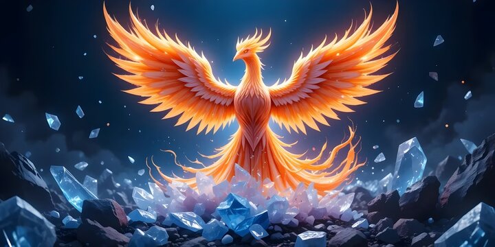 Majestic phoenix bird rising in colorful fire and crystalline ice fragments.