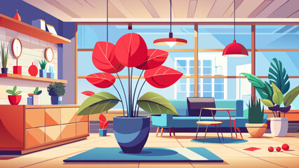 Fototapeta premium Very beautiful indoor elegance scene featuring a vibrant red anthurium placed in a modern living room, showcasing clean contemporary décor, soft natural lighting, and a refined balance of botanical co