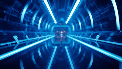 futuristic blue tunnel with neon lights and abstract architectural design