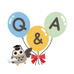 Cute Owl Professor with Graduation Cap Holding Pointer, Q&A Balloons Vector Illustration for Education and FAQ