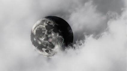 Fototapeta premium Mysterious Full Moon Partially Obscured by Wispy Clouds in a Black and White Sky.
